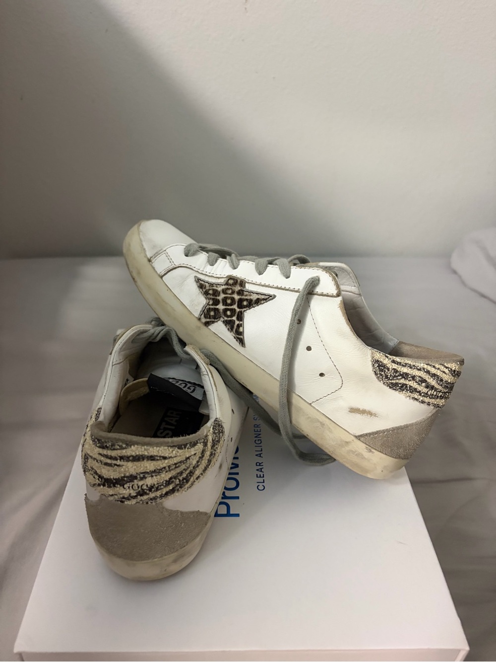 Golden Goose White Leather Sneakers with Beige and Brown Animal Star